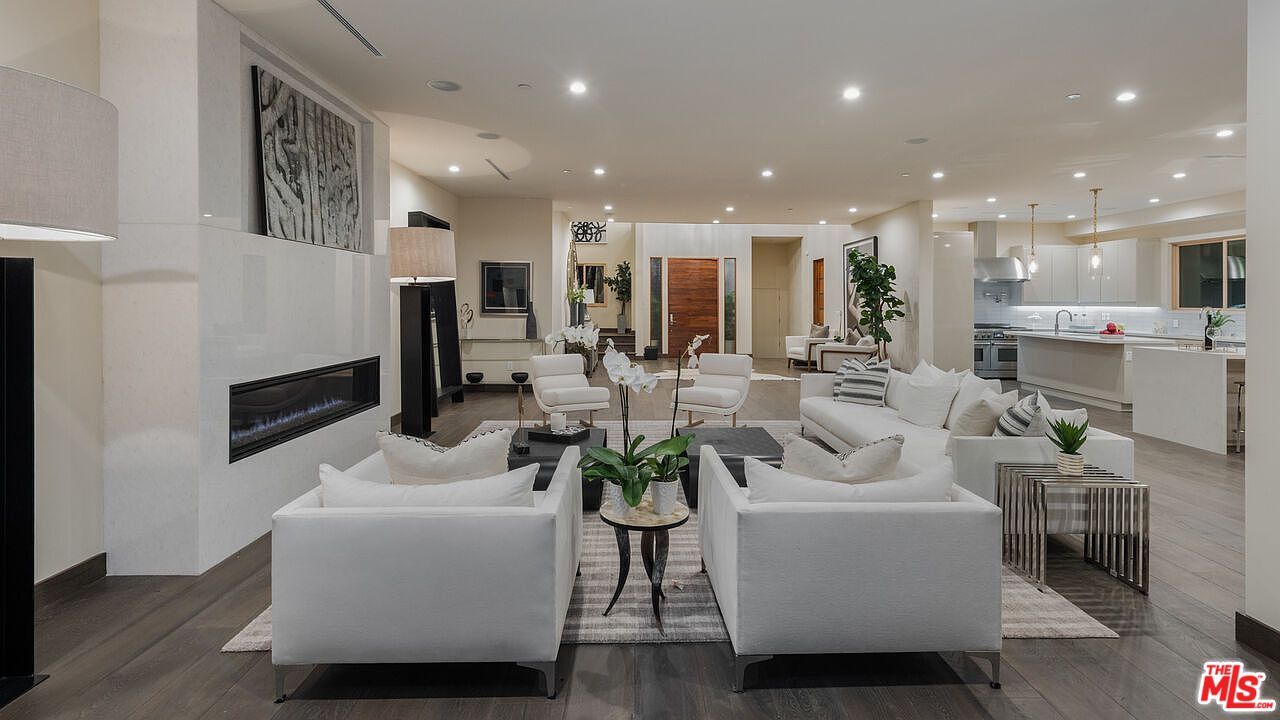 Dining room, Fireplace, Interior, Kitchen, Living room, Pendant Lights, Recessed Lighting, Wood Texture Flooring