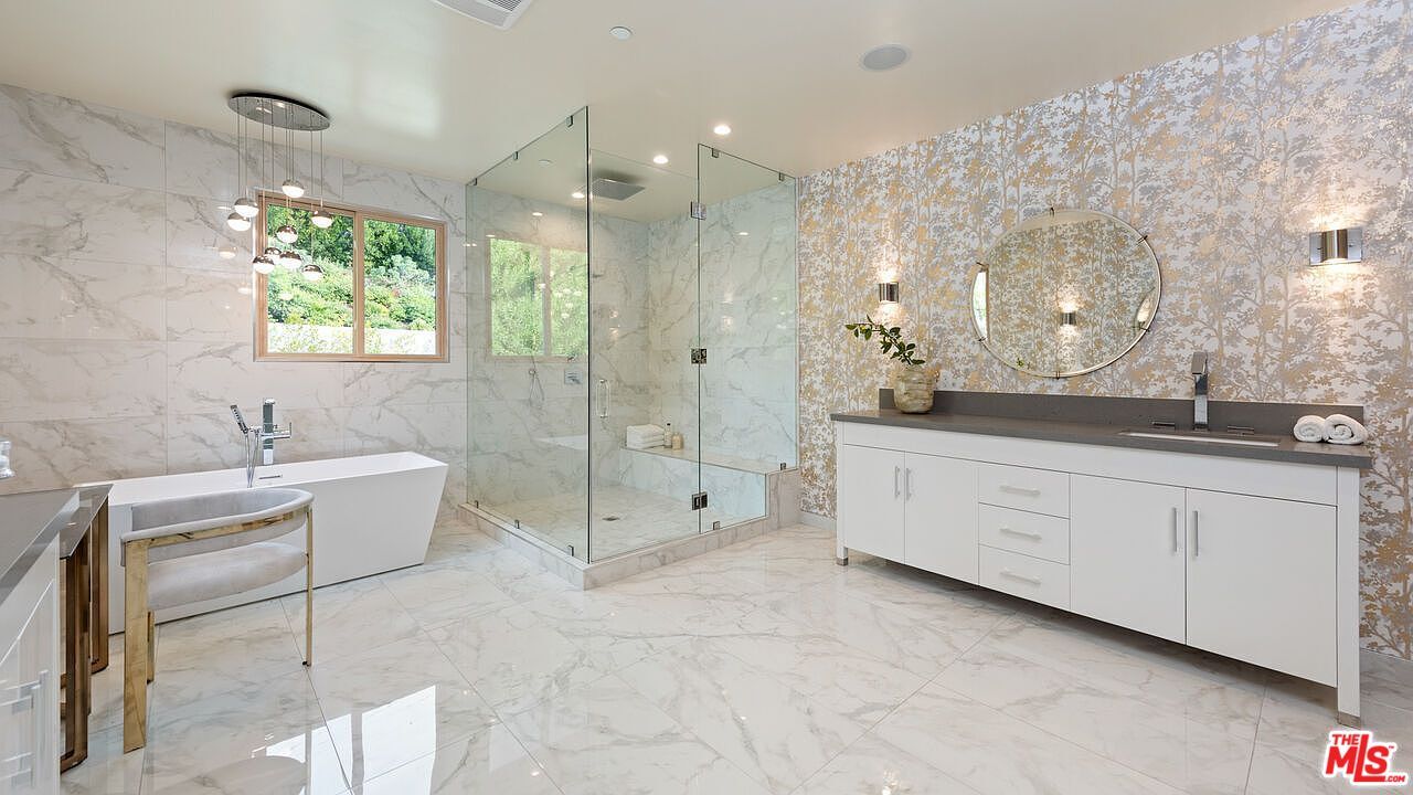 Bathroom, Dual Sink Vanities, Free Standing Baths, Glass Shower, Interior, Marble, Marble Walls, Recessed Lighting