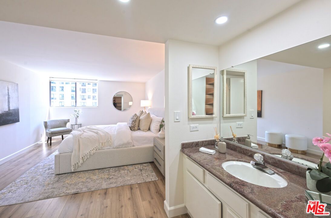 Bathroom, Bedroom, Dual Sink Vanities, Interior, Recessed Lighting, Wood Texture Flooring