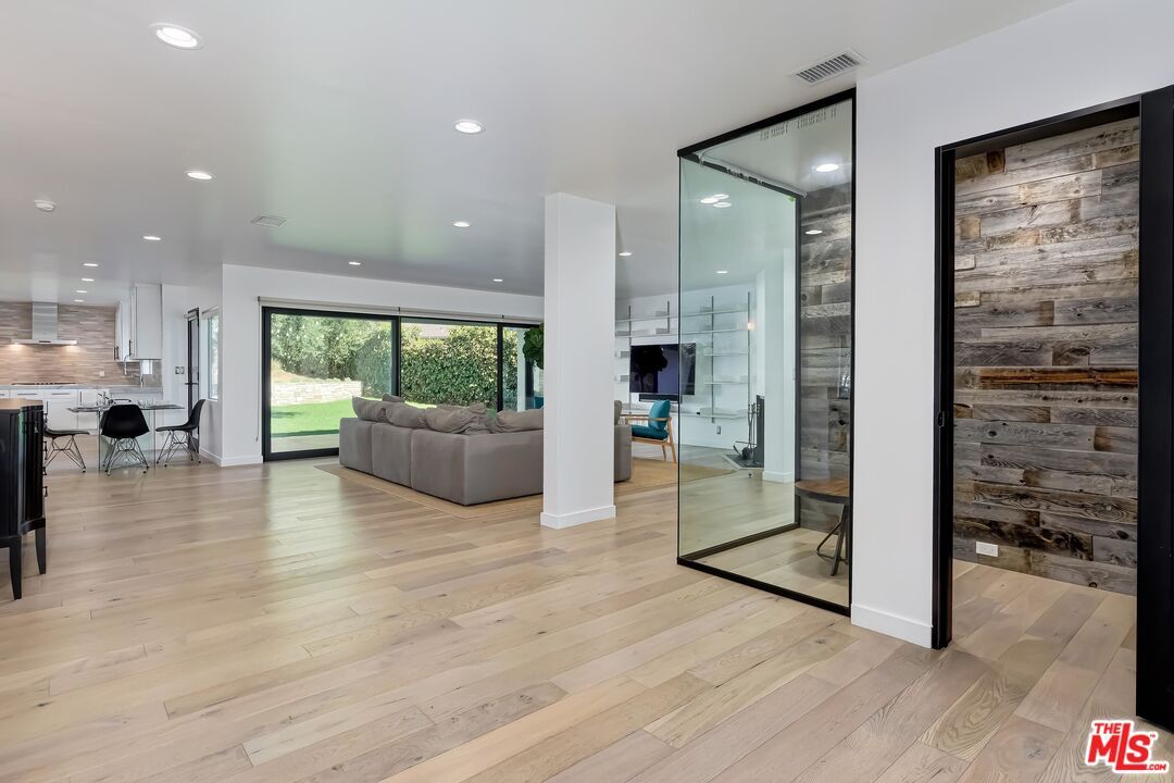 Dining room, Interior, Recessed Lighting, Wood Texture Flooring, Wooden Walls