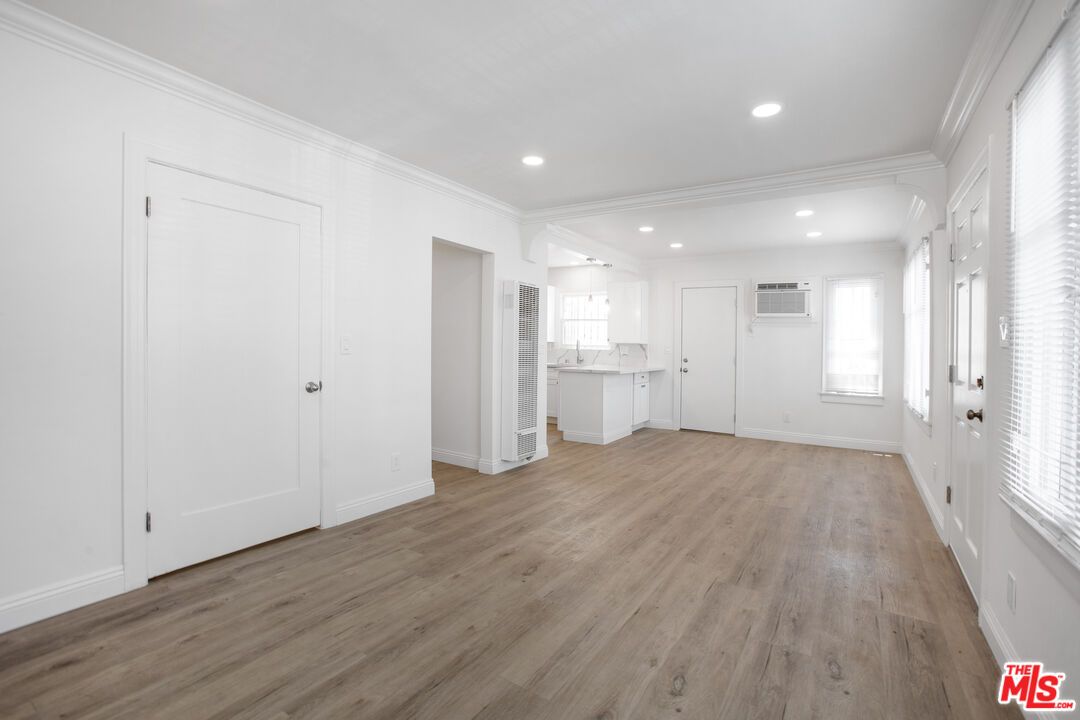 Empty room, Interior, Kitchen, Recessed Lighting, Wood Texture Flooring