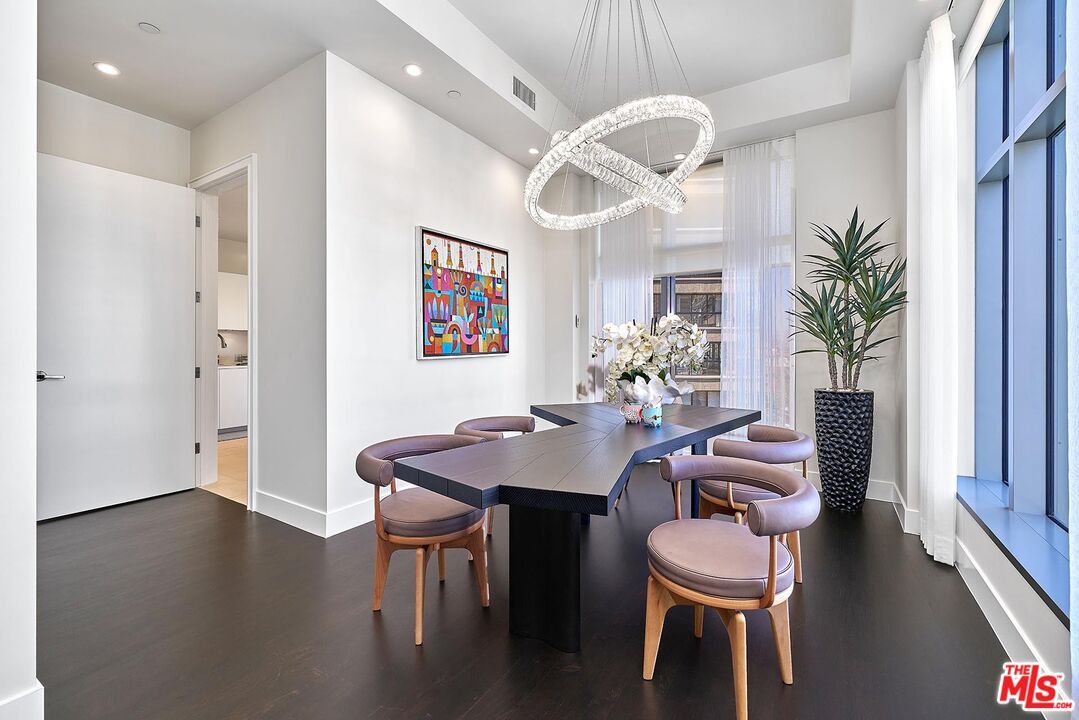 Dining room, Interior, Pendant Lights, Recessed Lighting, Wood Texture Flooring