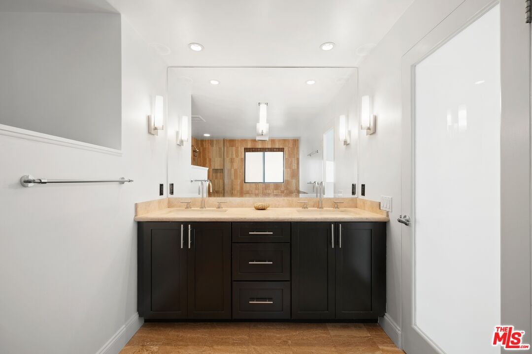 Bathroom, Dual Sink Vanities, Interior, Recessed Lighting, Wood Texture Flooring