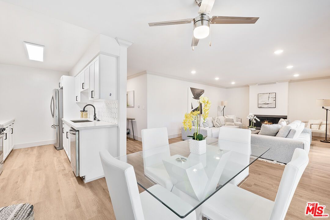 Dining room, Fireplace, Interior, Kitchen, Living room, Recessed Lighting, Wood Texture Flooring