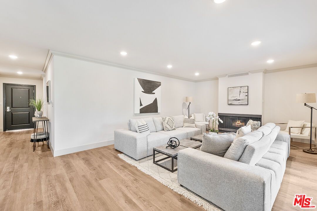 Fireplace, Interior, Living room, Recessed Lighting, Wood Texture Flooring