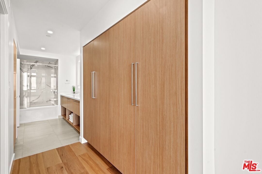 Bathroom, Glass Shower, Interior, Recessed Lighting, Wood Texture Flooring