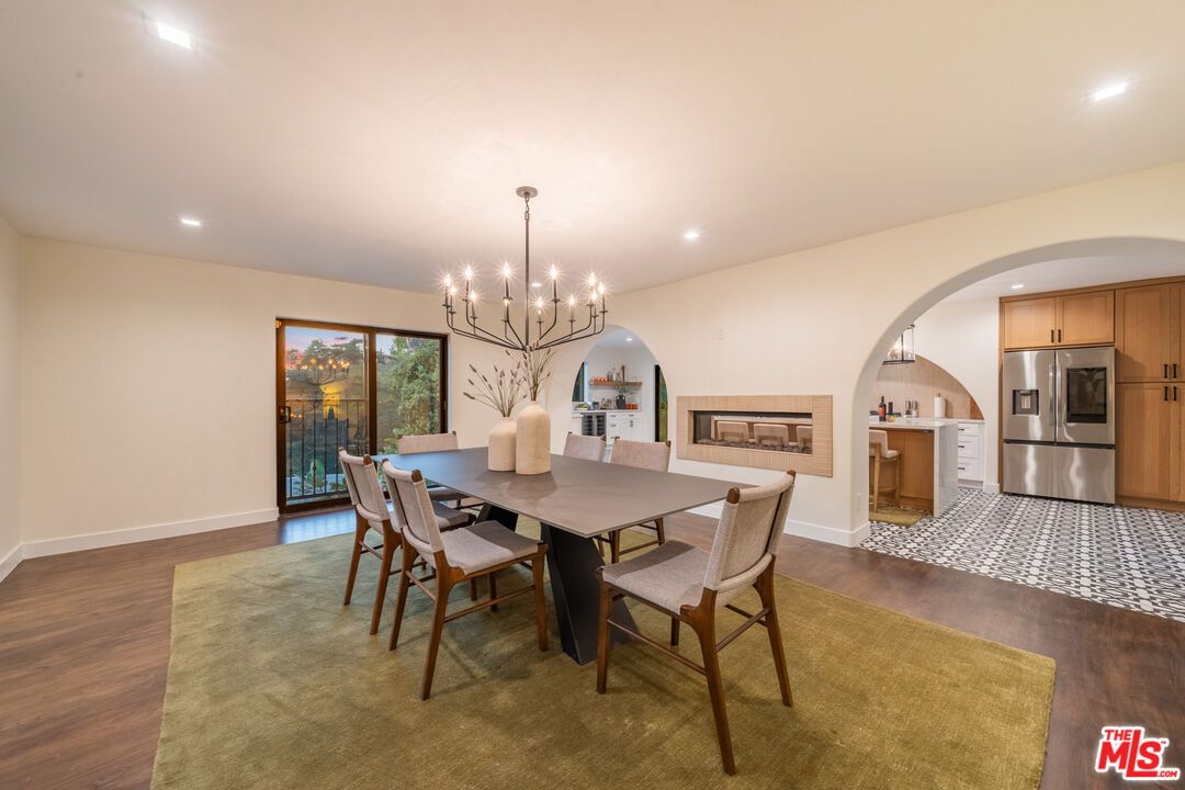 Chandelier, Dining room, Interior, Kitchen, Recessed Lighting, Stainless Steel Appliances, Wood Texture Flooring