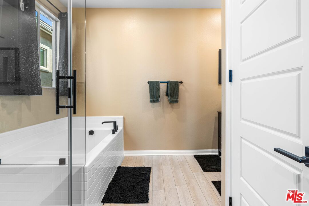 Bathroom, Glass Shower, Interior, Recessed Lighting, Wood Texture Flooring