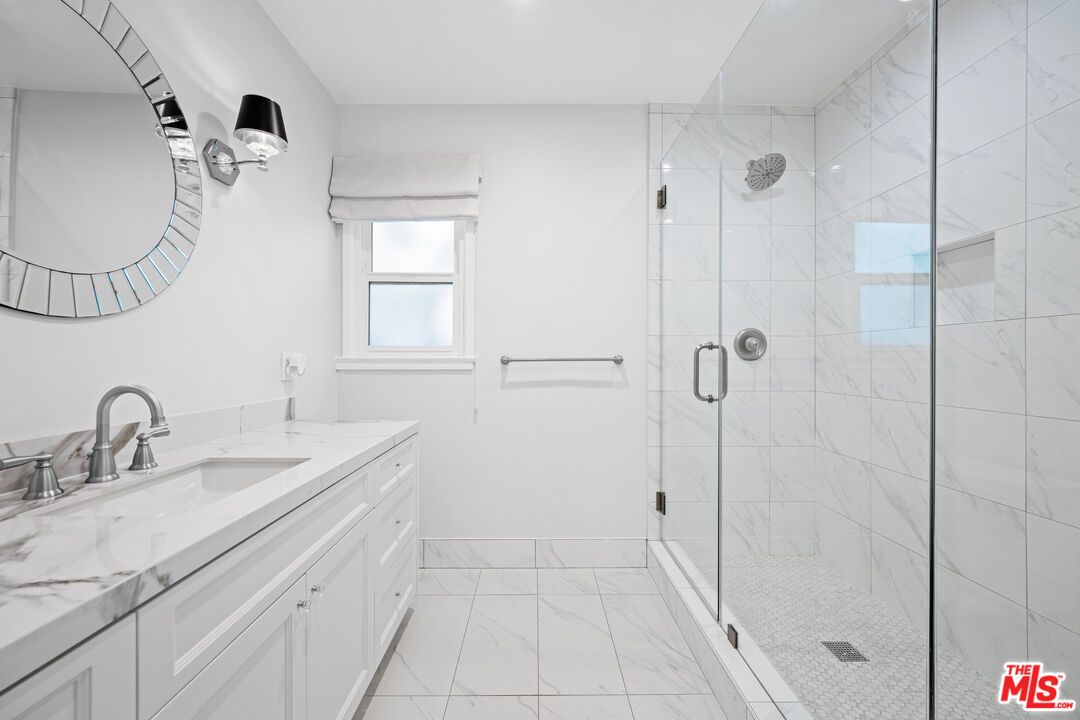 Bathroom, Glass Shower, Interior, Marble, Marble Walls, Recessed Lighting