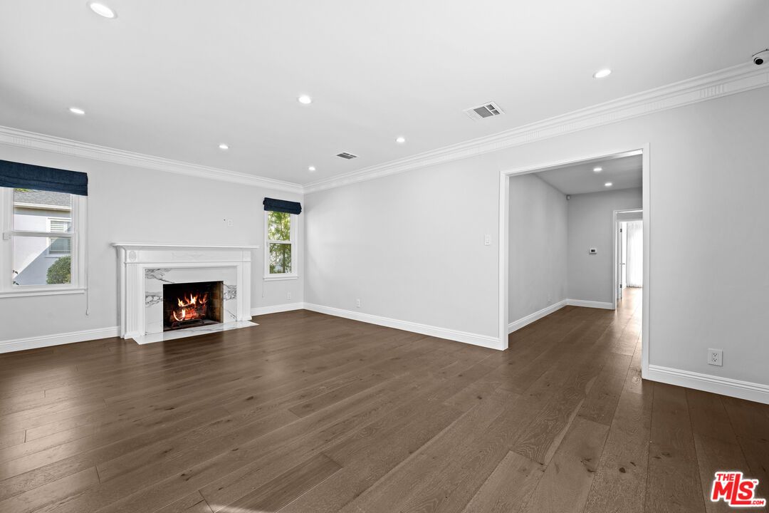 Empty room, Fireplace, Interior, Recessed Lighting, Wood Texture Flooring