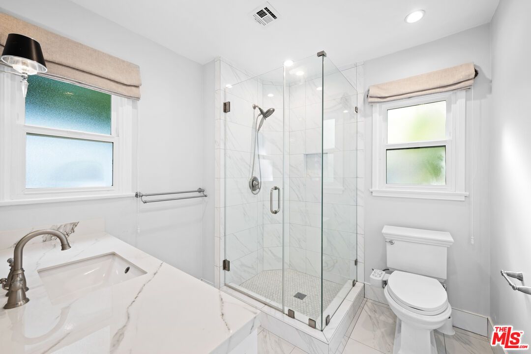 Bathroom, Glass Shower, Interior, Marble, Marble Walls, Recessed Lighting