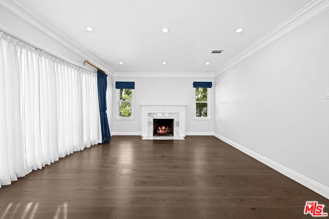 Empty room, Fireplace, Interior, Recessed Lighting, Wood Texture Flooring