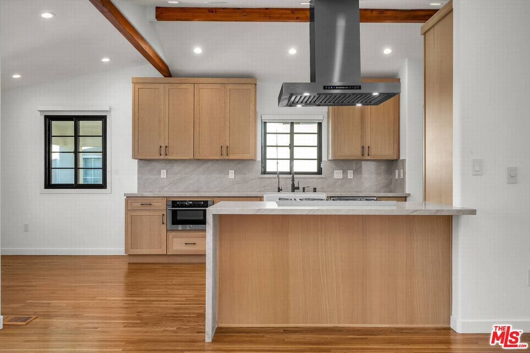 Interior, Kitchen, Recessed Lighting, Stainless Steel Appliances, Wooden Beams, Wood Texture Flooring