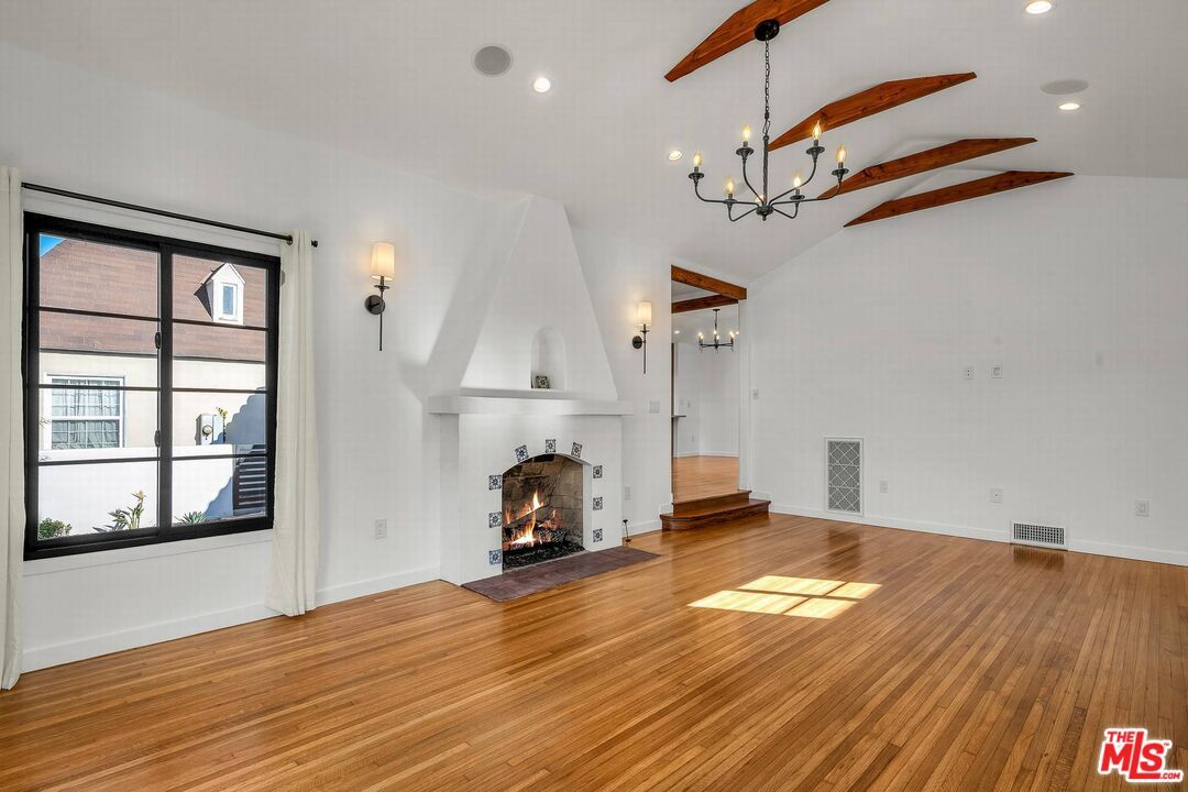 Empty room, Fireplace, Interior, Recessed Lighting, Wood Texture Flooring