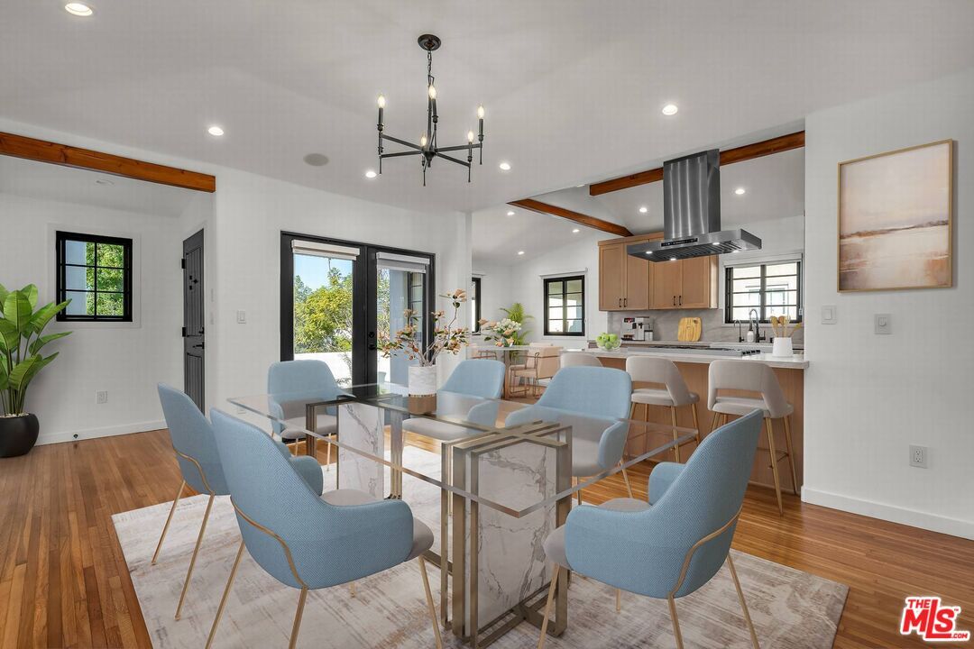 Dining room, Interior, Kitchen, Pendant Lights, Recessed Lighting, Wooden Beams, Wood Texture Flooring