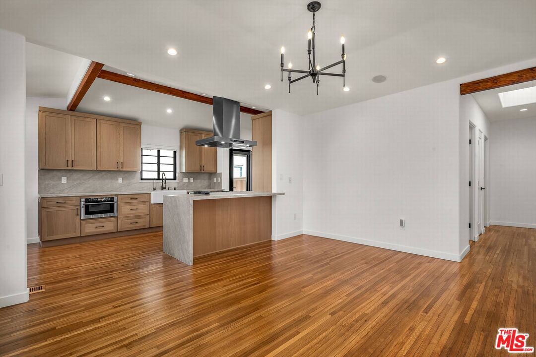 Interior, Kitchen, Pendant Lights, Recessed Lighting, Stainless Steel Appliances, Wooden Beams, Wood Texture Flooring
