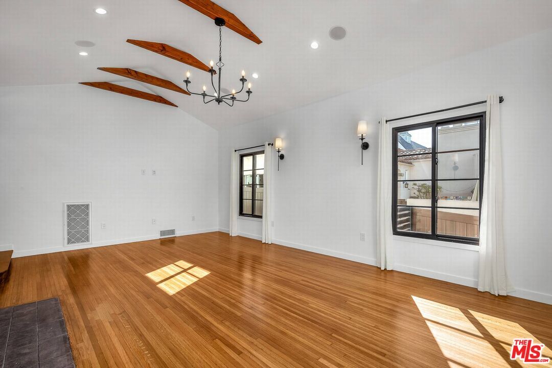 Chandelier, Empty room, Interior, Recessed Lighting, Wooden Beams, Wood Texture Flooring