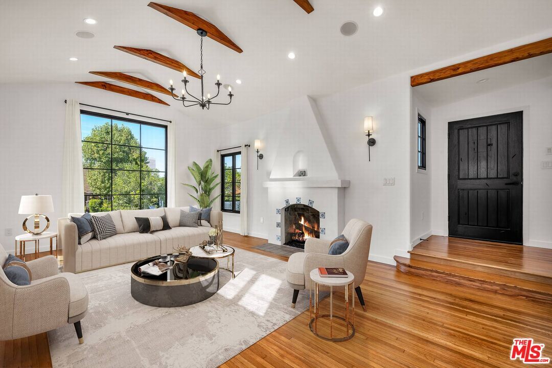 Chandelier, Fireplace, Interior, Living room, Recessed Lighting, Wooden Beams, Wood Texture Flooring