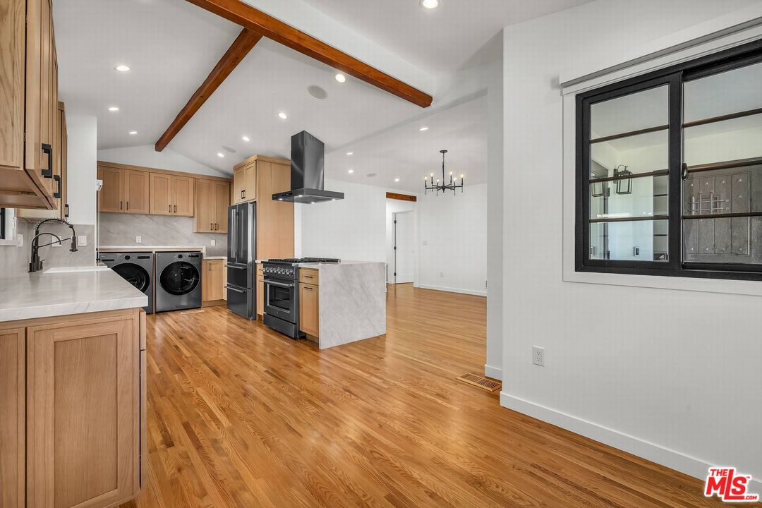 Chandelier, Interior, Kitchen, Recessed Lighting, Washer, Wooden Beams, Wood Texture Flooring
