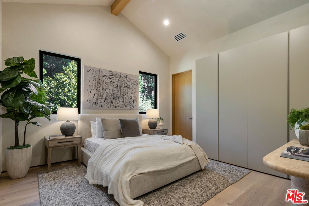 Bedroom, Interior, Recessed Lighting, Wooden Beams, Wood Texture Flooring