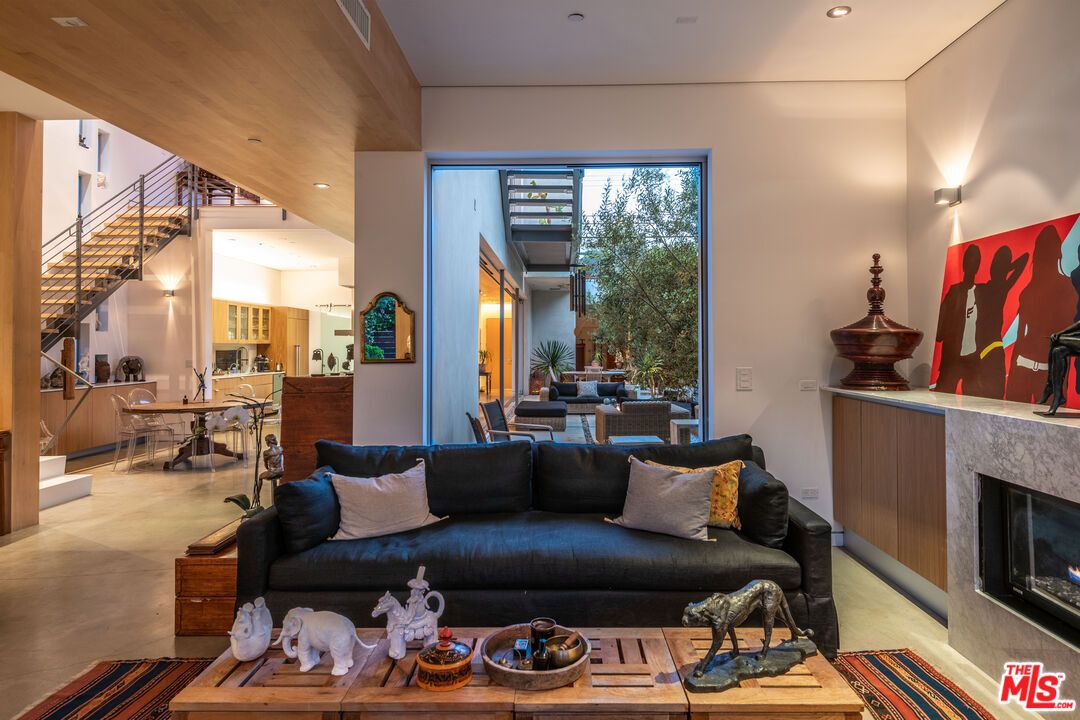 Dining room, Fireplace, Interior, Living room, Recessed Lighting, Wooden Ceilings