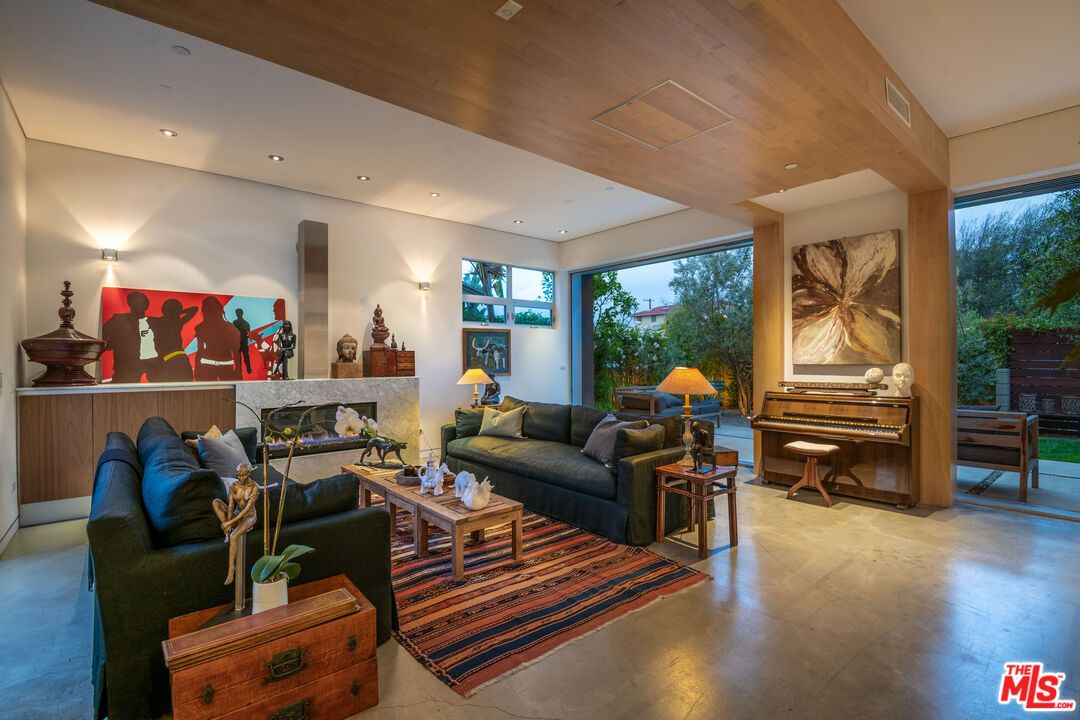 Fireplace, Interior, Living room, Piano, Recessed Lighting, Wooden Ceilings