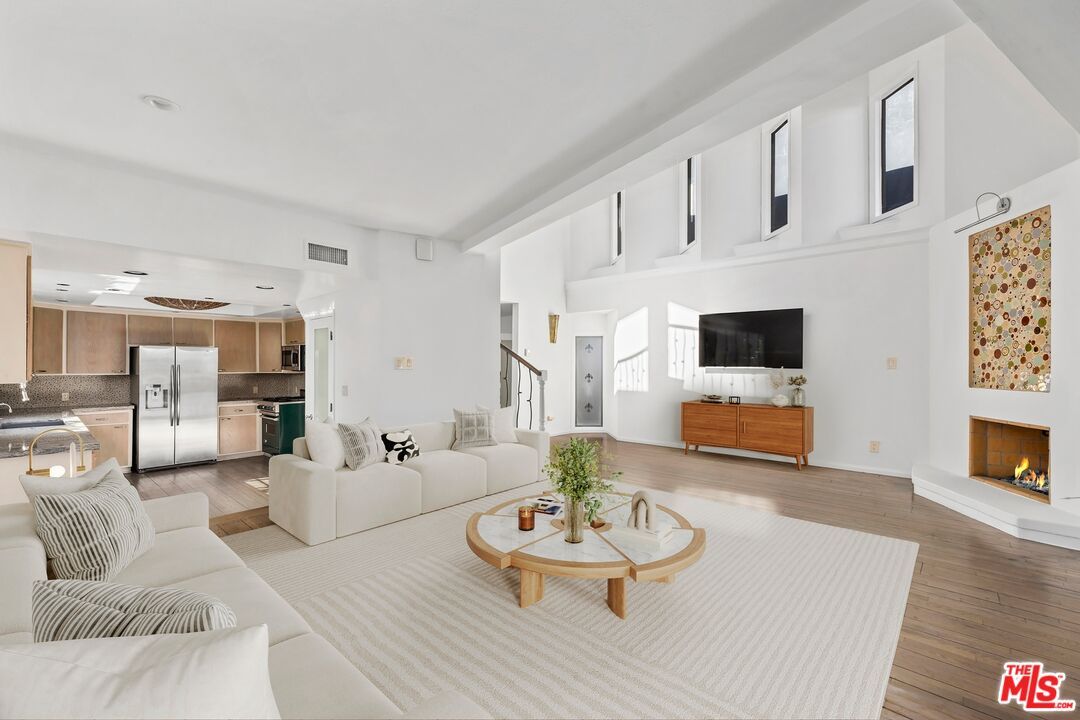 Fireplace, Interior, Kitchen, Living room, Stainless Steel Appliances, Wood Texture Flooring