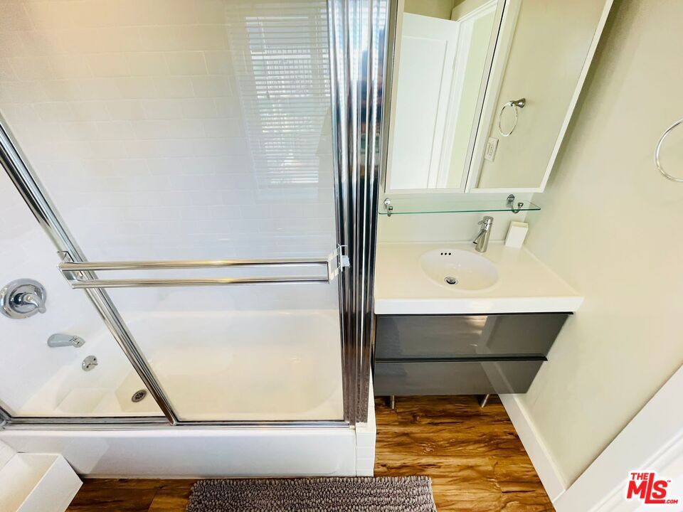 Bathroom, Glass Shower, Interior, Wood Texture Flooring