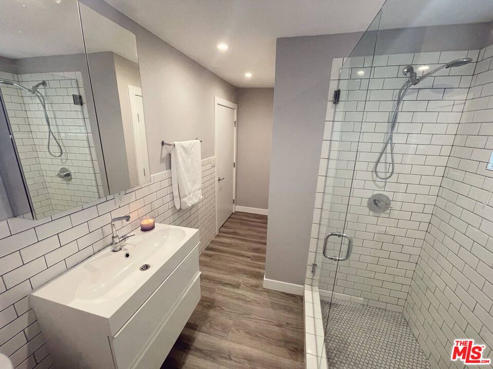 Bathroom, Glass Shower, Interior, Recessed Lighting, Wood Texture Flooring