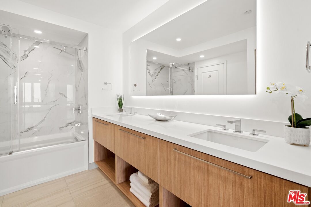 Bathroom, Dual Sink Vanities, Glass Shower, Interior, Marble Walls, Recessed Lighting
