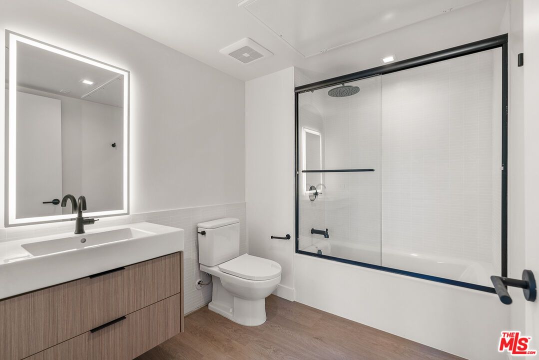 Bathroom, Glass Shower, Interior, Recessed Lighting, Wood Texture Flooring