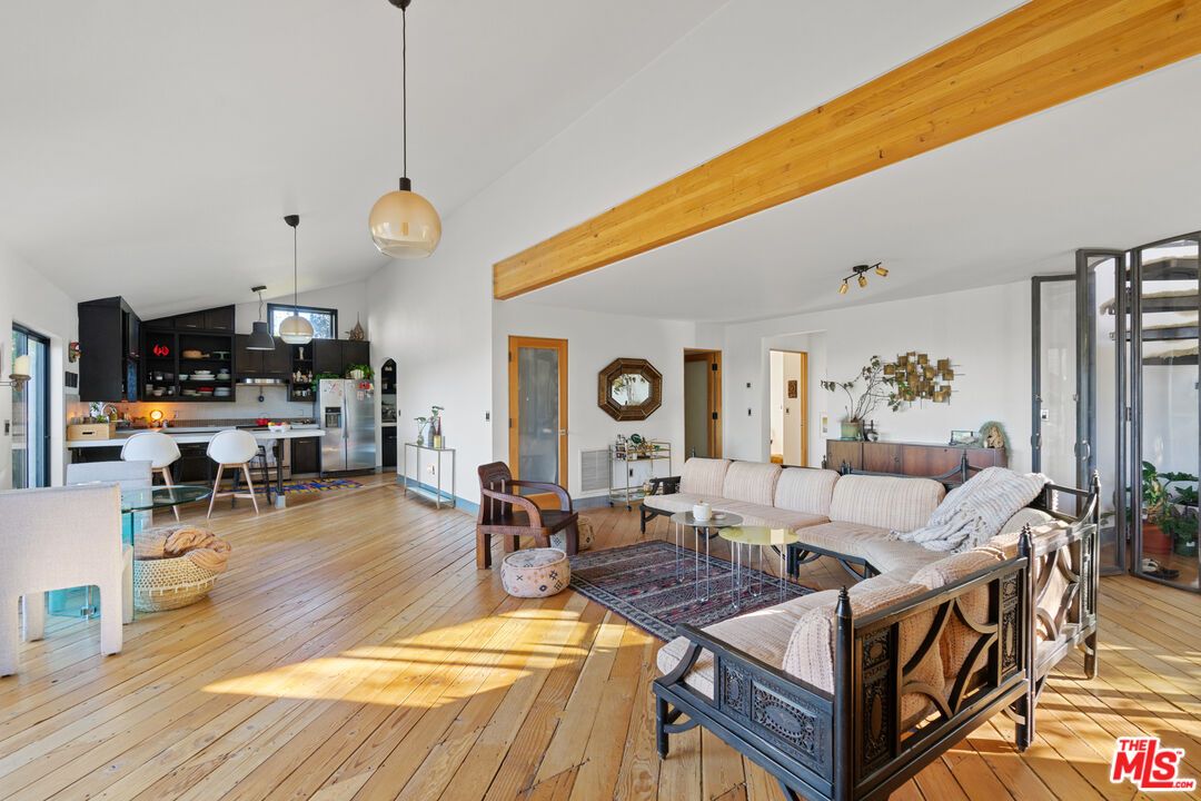 Dining room, Interior, Kitchen, Living room, Pendant Lights, Stainless Steel Appliances, Wooden Beams, Wood Texture Flooring