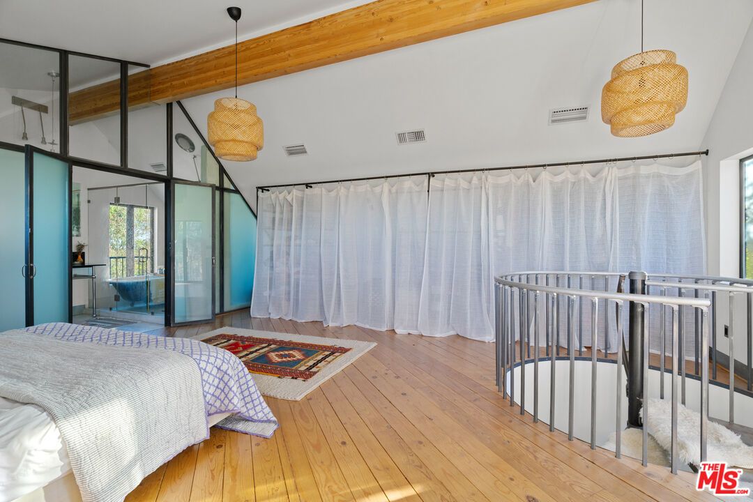 Bedroom, Interior, Pendant Lights, Wooden Beams, Wood Texture Flooring