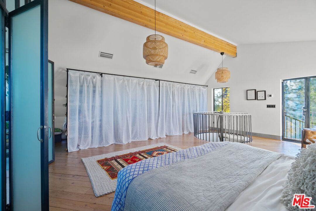 Bedroom, Interior, Pendant Lights, Wooden Beams, Wood Texture Flooring