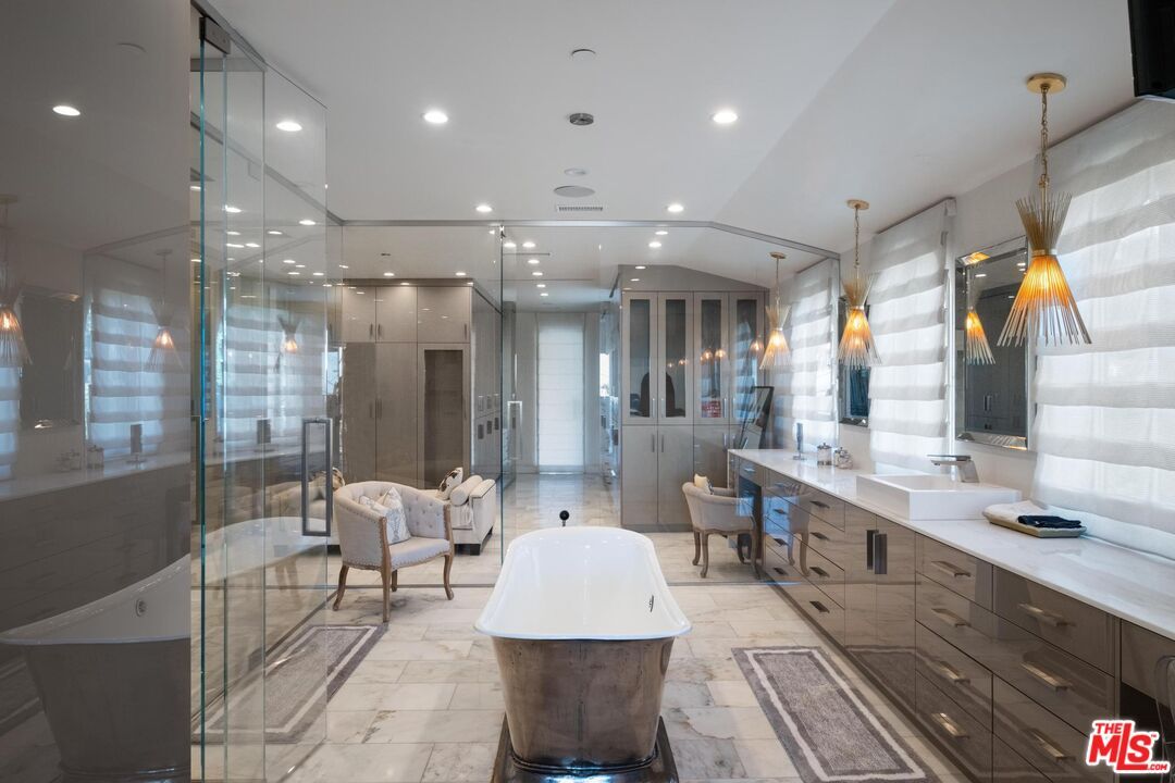 Bathroom, Dual Sink Vanities, Free Standing Baths, Glass Shower, Interior, Marble, Pendant Lights, Recessed Lighting