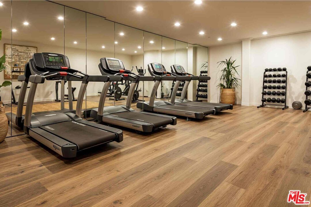 Fitness Equipment, Gym, Interior, Recessed Lighting, Wood Texture Flooring