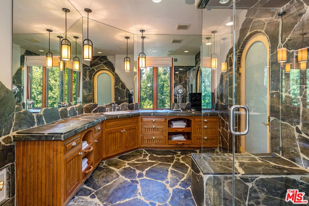 Bathroom, Dual Sink Vanities, Glass Shower, Interior, Pendant Lights, Recessed Lighting, Tile Countertops