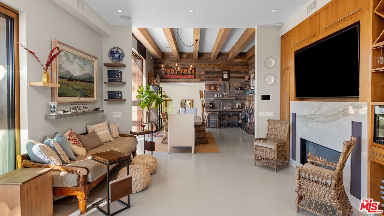 Fireplace, Interior, Living room, Recessed Lighting, Wooden Walls