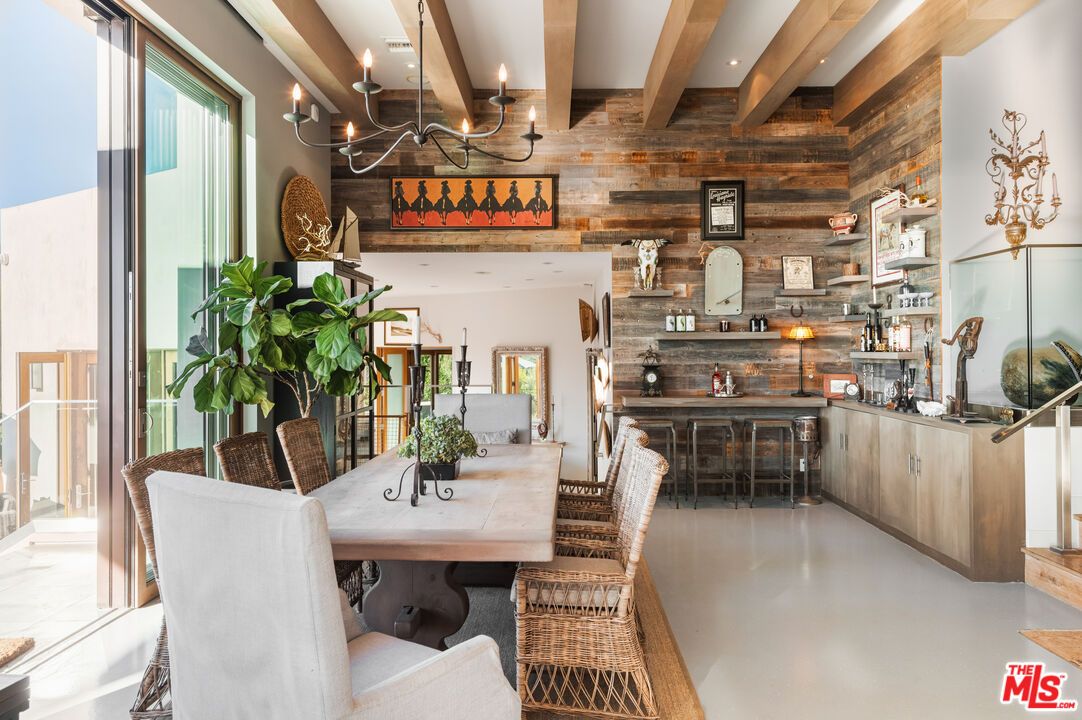 Chandelier, Dining room, Interior, Recessed Lighting, Wooden Beams, Wooden Walls