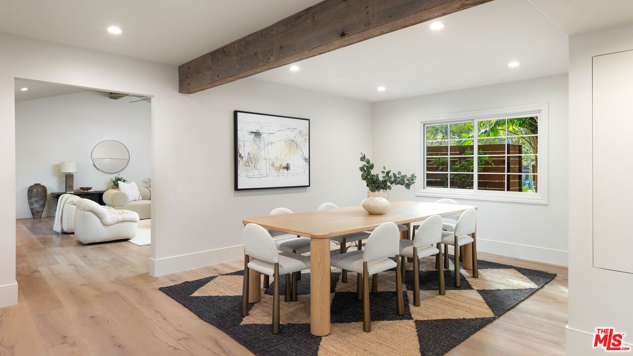 Dining room, Interior, Recessed Lighting, Wooden Beams, Wood Texture Flooring