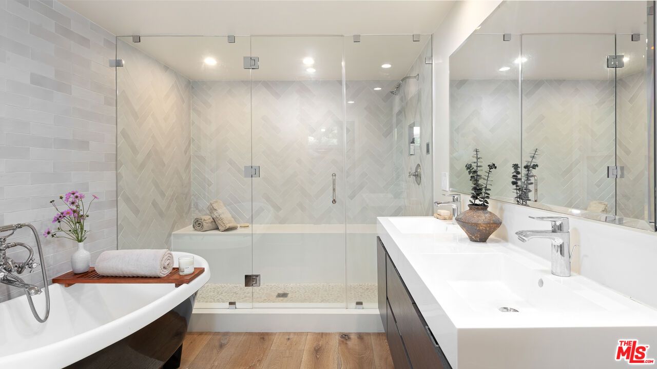 Bathroom, Glass Shower, Interior, Recessed Lighting, Wood Texture Flooring