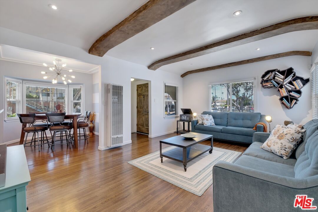Dining room, Interior, Living room, Pendant Lights, Recessed Lighting, Wooden Beams, Wood Texture Flooring