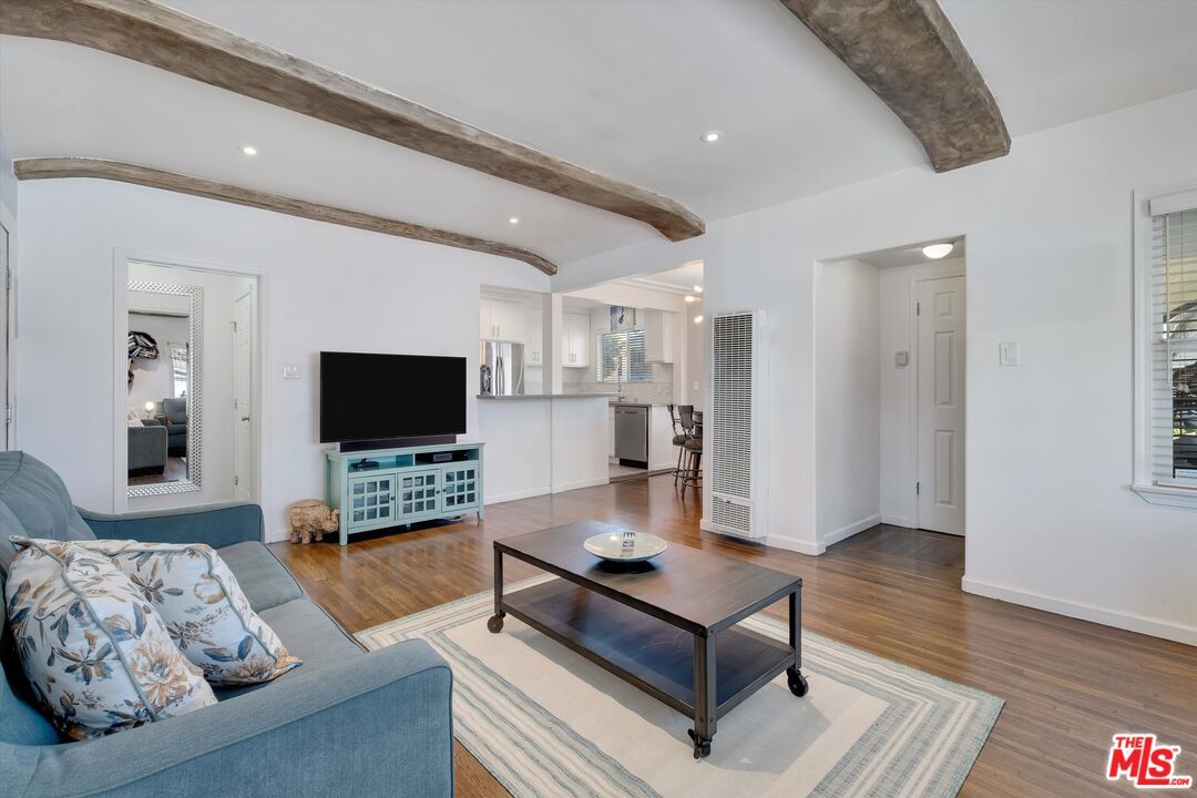 Interior, Kitchen, Living room, Recessed Lighting, Stainless Steel Appliances, Wooden Beams, Wood Texture Flooring