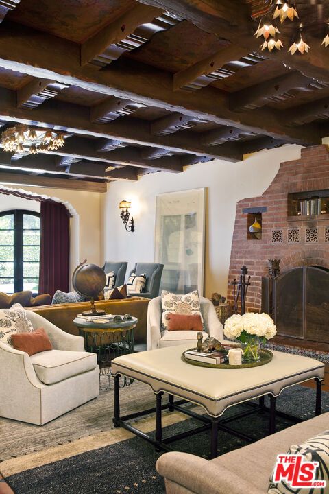 Fireplace, Interior, Living room, Stone Walls, Wooden Beams, Wood Texture Flooring