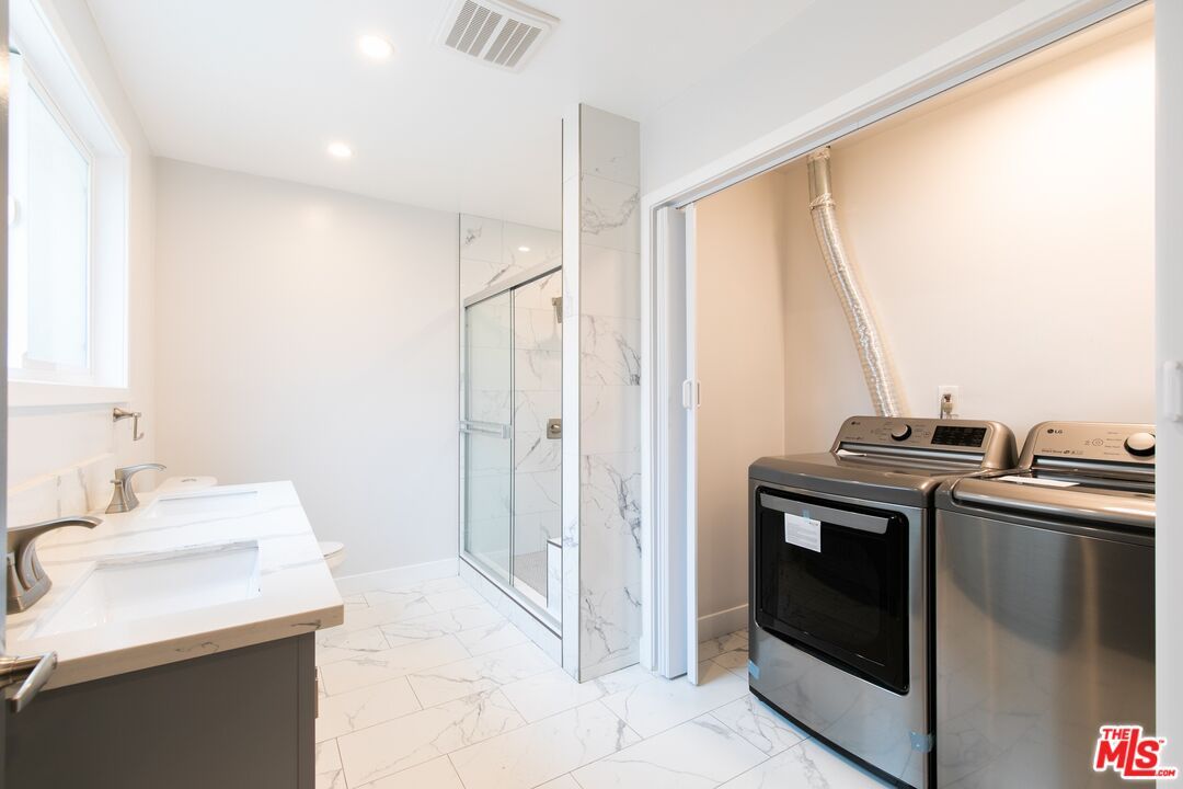 Bathroom, Glass Shower, Interior, Marble, Marble Walls, Recessed Lighting, Washer