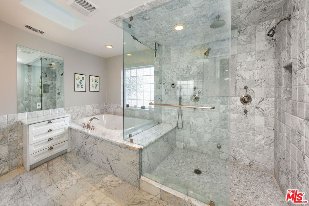 Bathroom, Glass Shower, Interior, Marble, Marble Walls, Recessed Lighting