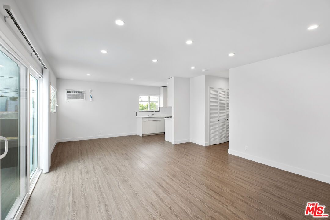 Empty room, Interior, Kitchen, Pendant Lights, Recessed Lighting, Wood Texture Flooring