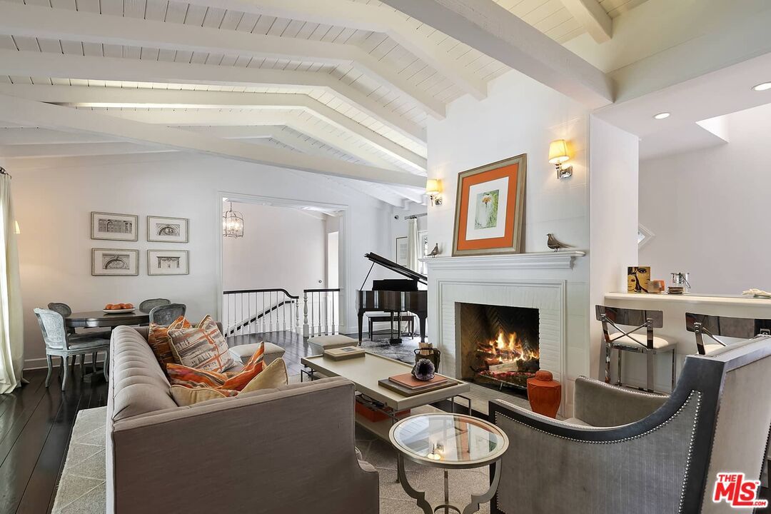 Dining room, Fireplace, Interior, Living room, Piano, Recessed Lighting, Wood Texture Flooring