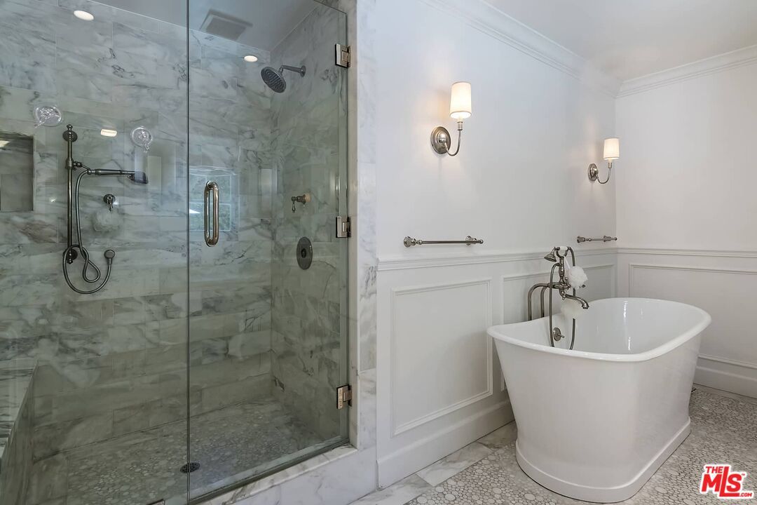 Bathroom, Free Standing Baths, Glass Shower, Interior, Marble Walls, Recessed Lighting