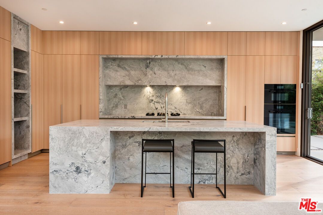 Interior, Kitchen, Marble Walls, Recessed Lighting, Wood Texture Flooring